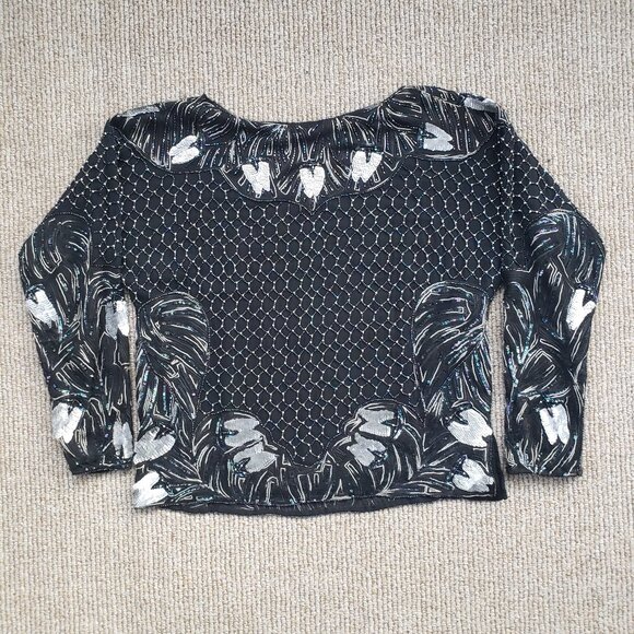 Heavily Beaded Sequined Silk Blouse Women's Small Black - Picture 4 of 16